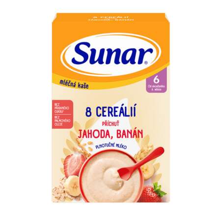 Sunar mliečna kaša s 8 cereáliami jahoda, banán 210 g