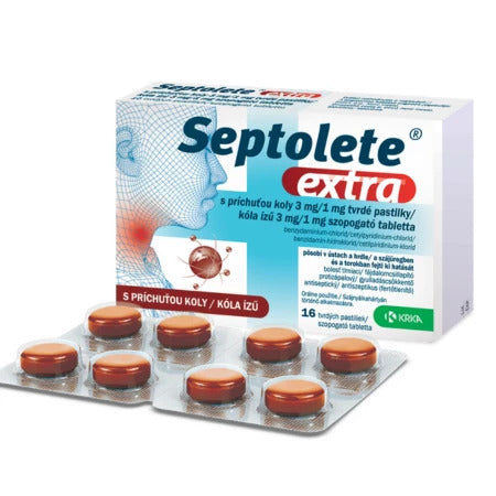 Septolete extra s príchuťou koly 3 mg/1 mg tvrdé pastilky pas ord 16x3 mg/1 mg